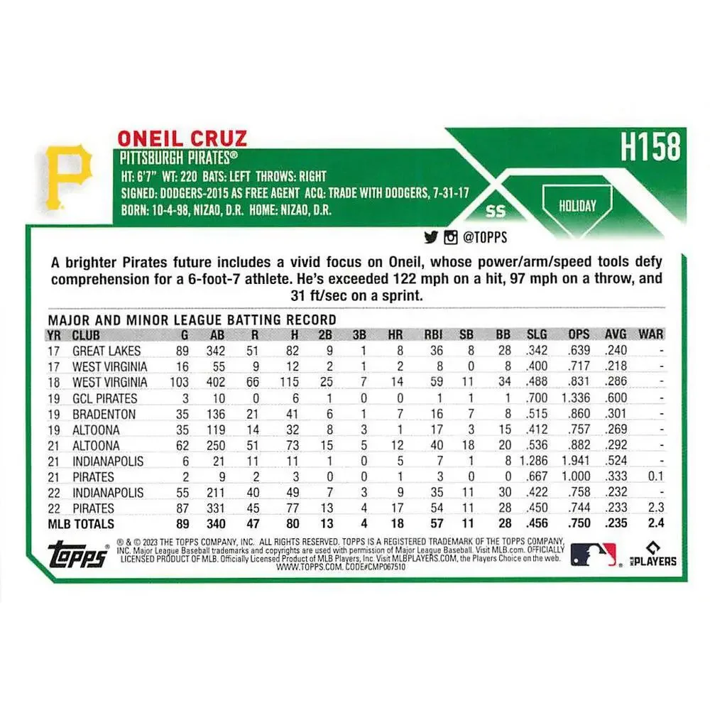 2023 Topps Holiday Oneil Cruz H158 Pittsburgh Pirates
